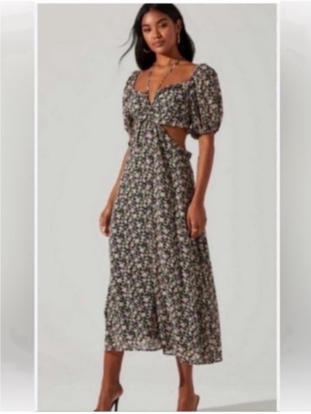 Astr Black Floral Tie-Front Puff Sleeve Midi Dress